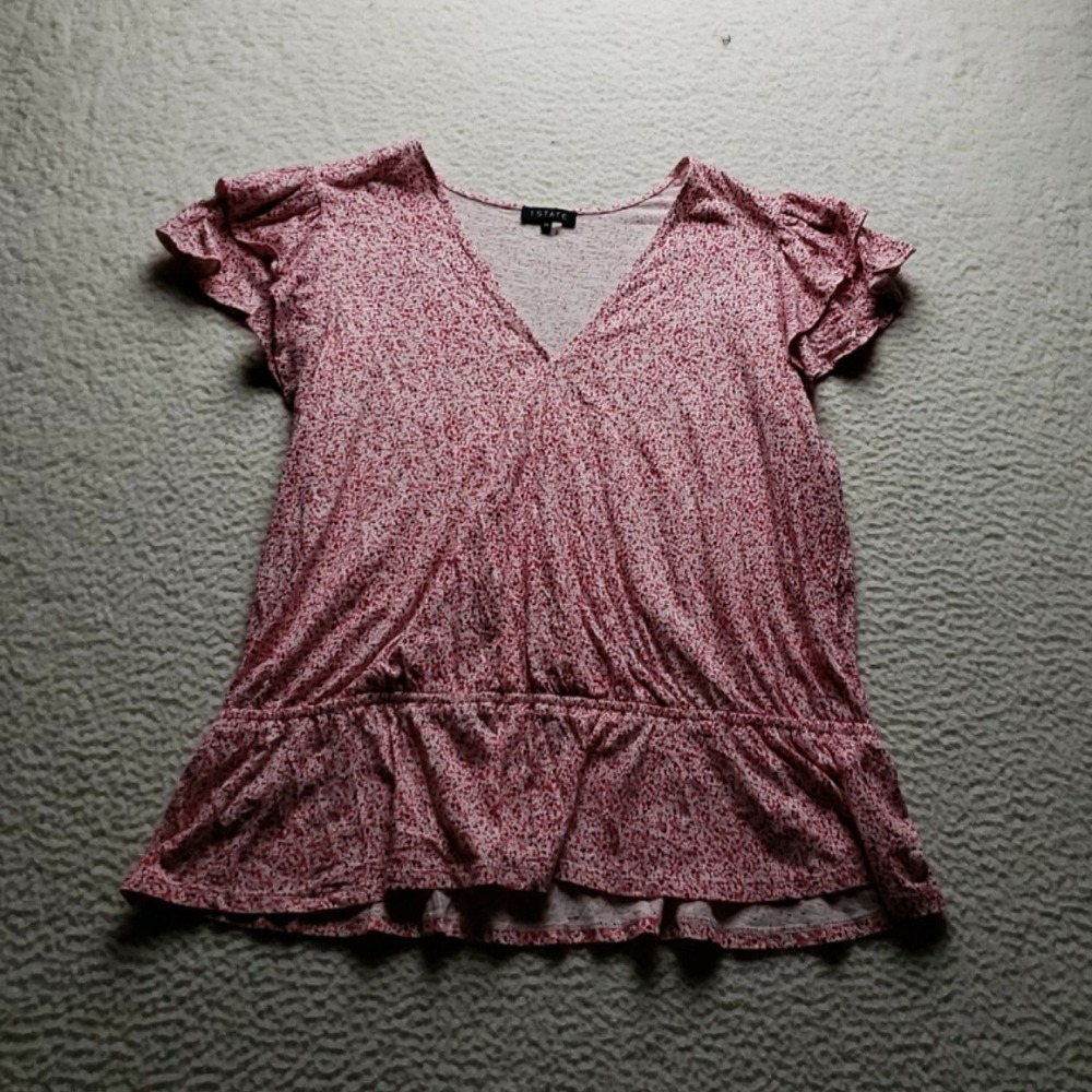 1STATE Blouse Womens Plus 2X Pink V Neck Short Flutter Sleeve Ruffle Tunic Top